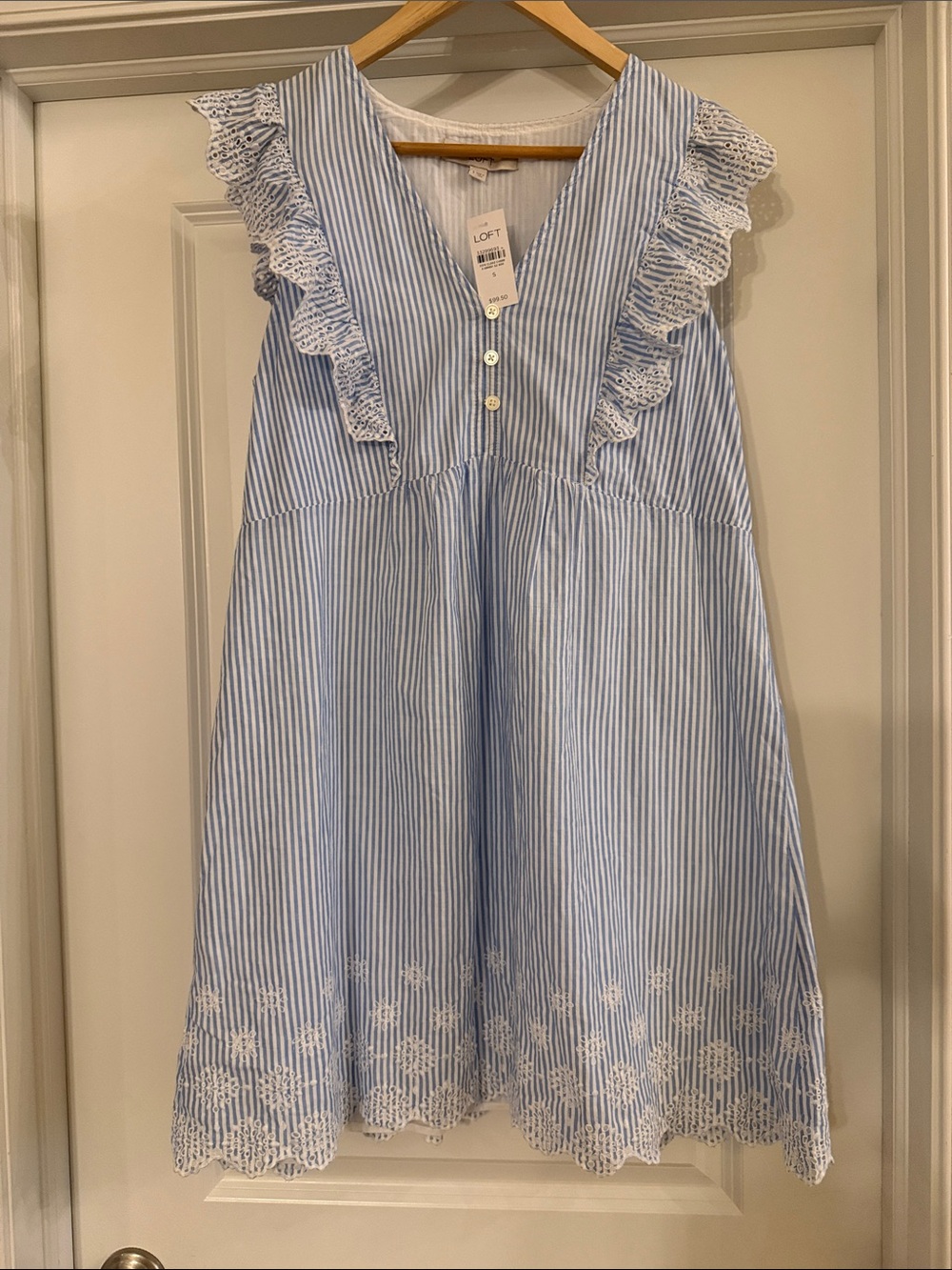 LOFT Light Blue and White Striped Ruffle-Trim Dress